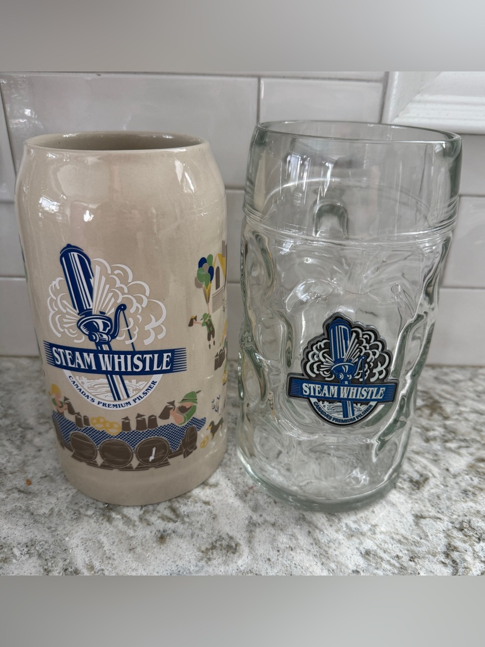 STEAMWHISTLE Vintage Ceramic Stein and Glass Beer Steins Mugs 1ltr Oktoberfest